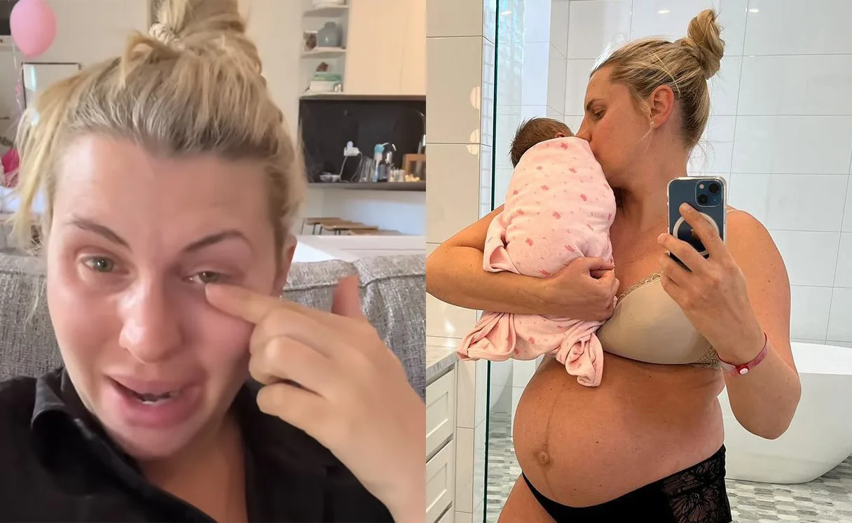 Woman crying on the left; woman holding baby, taking a mirror selfie on the right.
