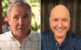 "Side-by-side images of a man with hair and without, smiling in the second."
