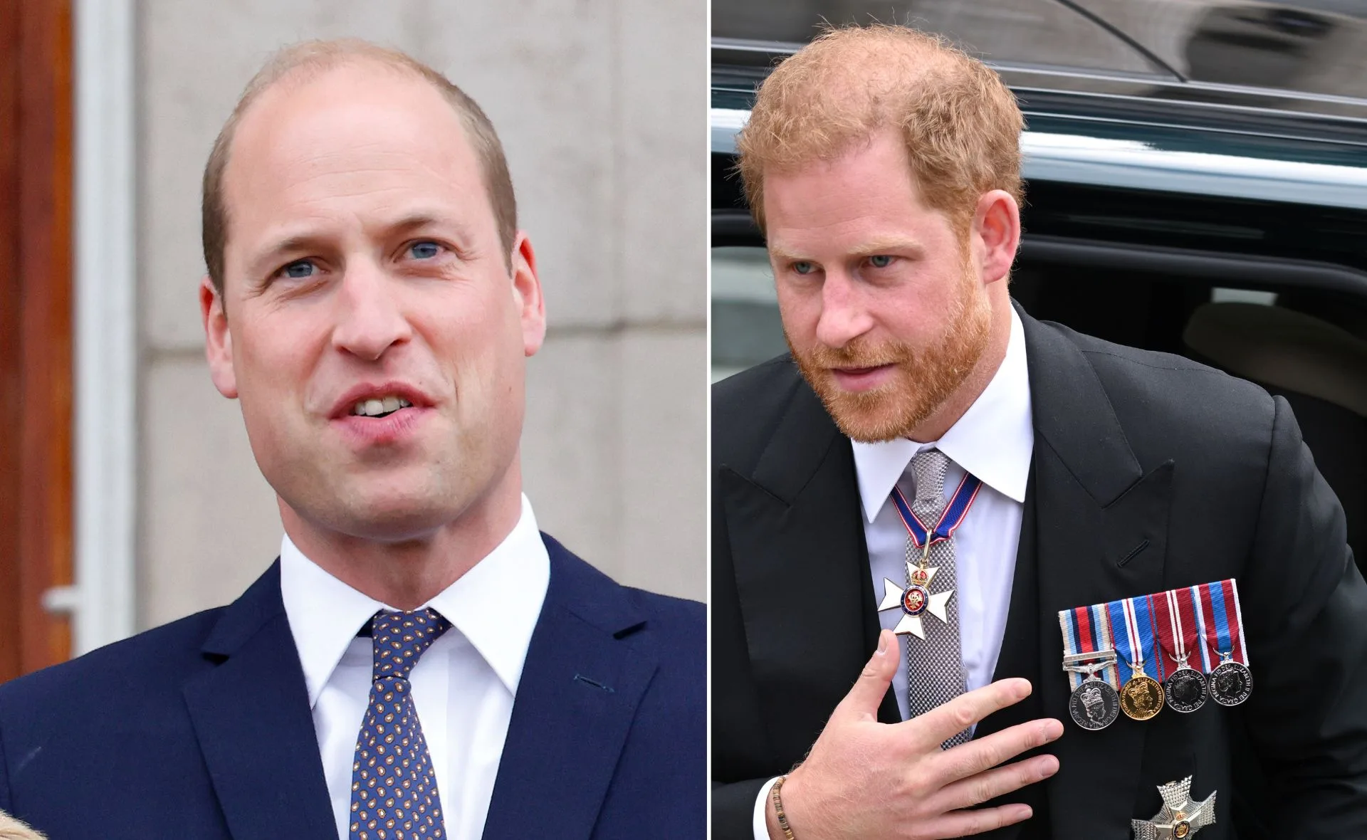 Side-by-side image of two men in suits; one is speaking, the other with medals on his chest.