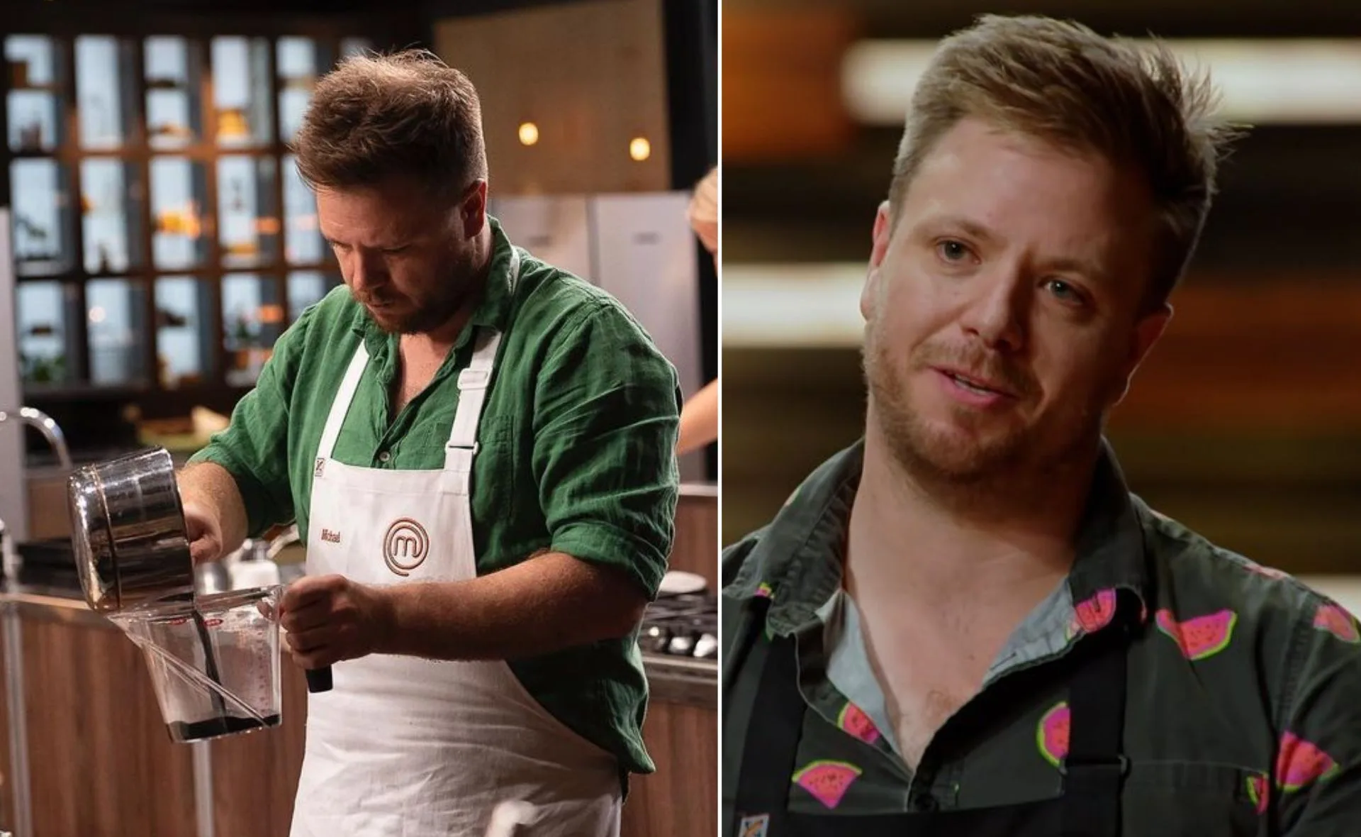 Michael Weldon cooking in a MasterChef kitchen, wearing a green shirt and an apron.