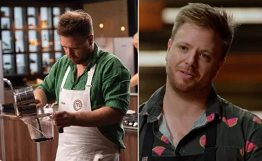 Michael Weldon cooking in a MasterChef kitchen, wearing a green shirt and an apron.