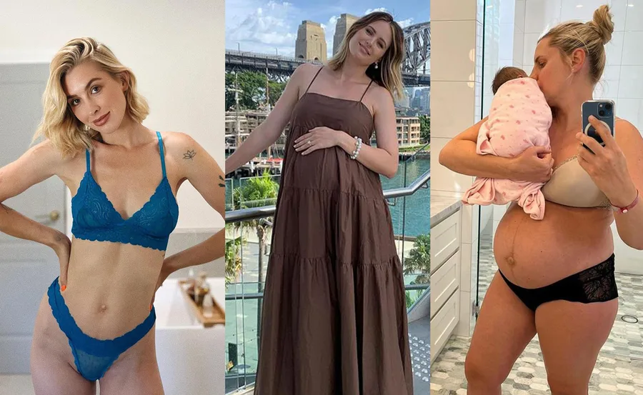 Three women in different stages of pregnancy and postpartum, in various outfits.