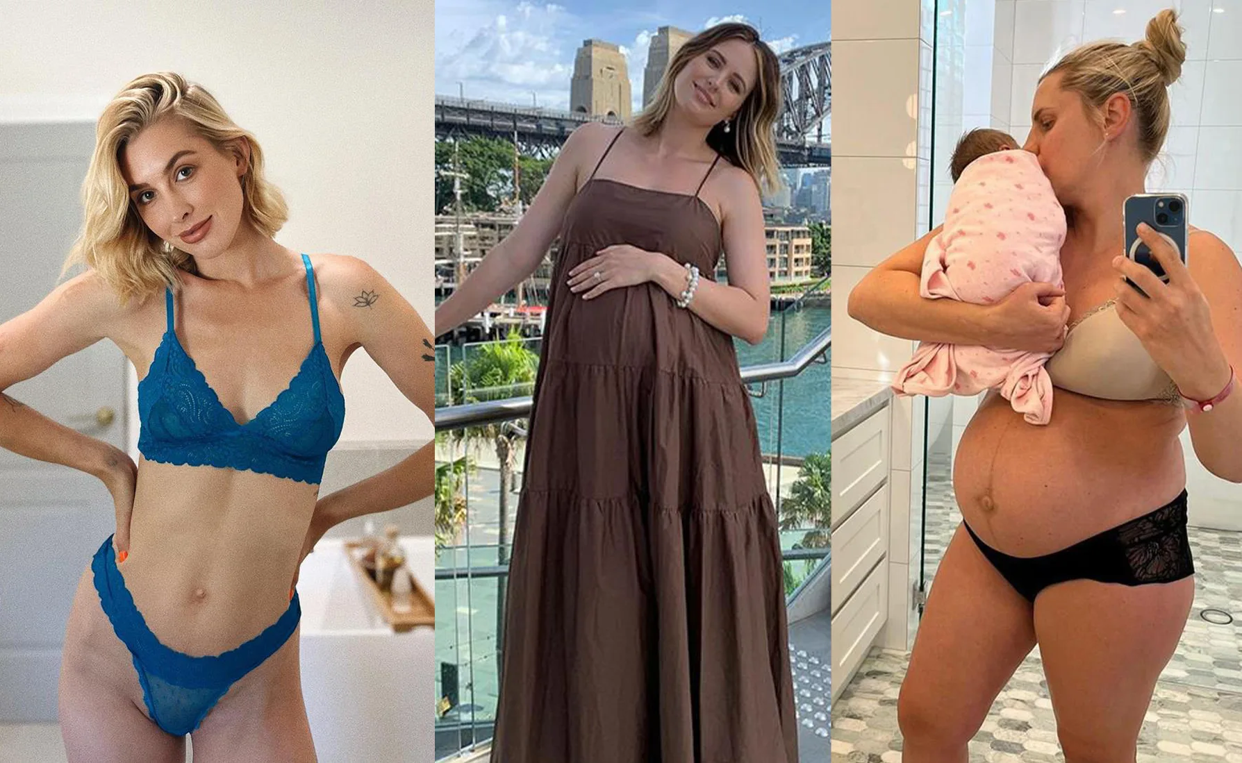 Three women in different stages of pregnancy and postpartum, in various outfits.