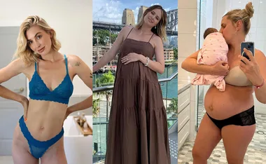 Three women in different stages of pregnancy and postpartum, in various outfits.