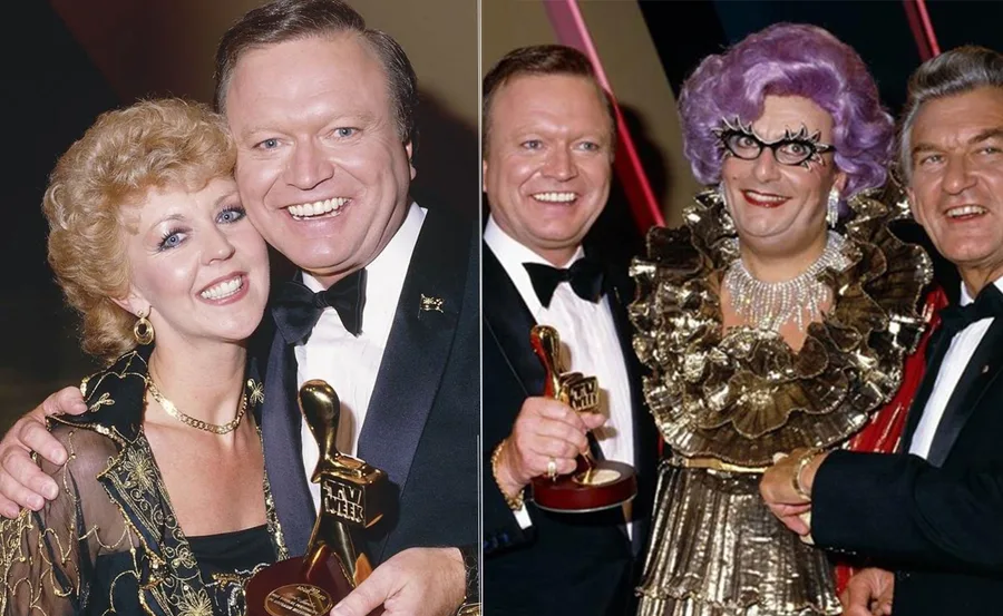 Bert Newton at the Logies, holding an award, with his wife and two other figures, one in flamboyant costume.