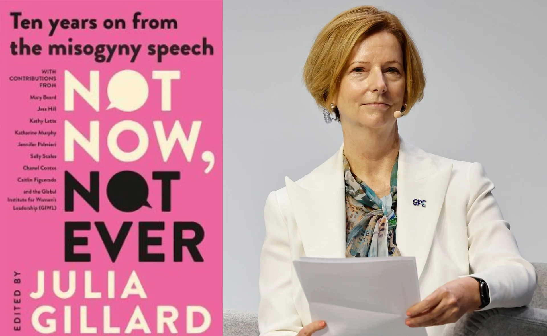 "Book cover of 'Not Now, Not Ever' and a woman in a white suit holding papers."