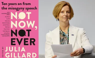 "Book cover of 'Not Now, Not Ever' and a woman in a white suit holding papers."