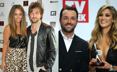 Two pictures of a couple posing at different events, one with a TV award.