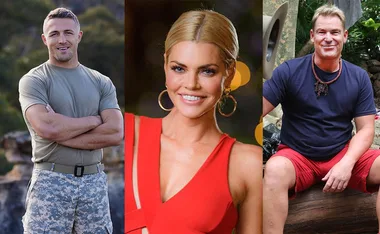 Three reality TV celebrities side by side, outdoors in casual attire, smiling at the camera.