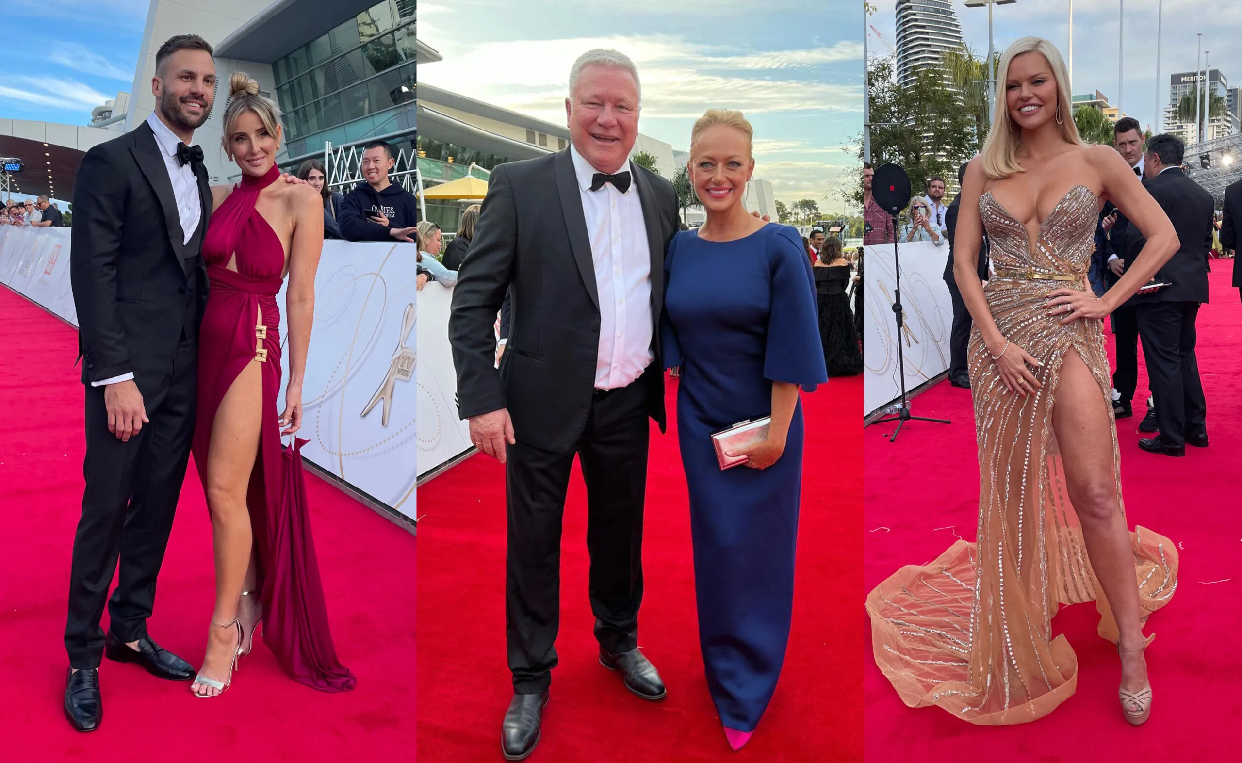 Celebrities pose on the red carpet at the Logies 2022, showcasing elegant and glamorous attire.