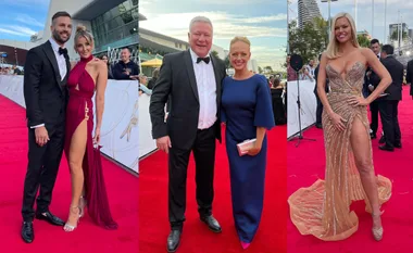 Celebrities pose on the red carpet at the Logies 2022, showcasing elegant and glamorous attire.