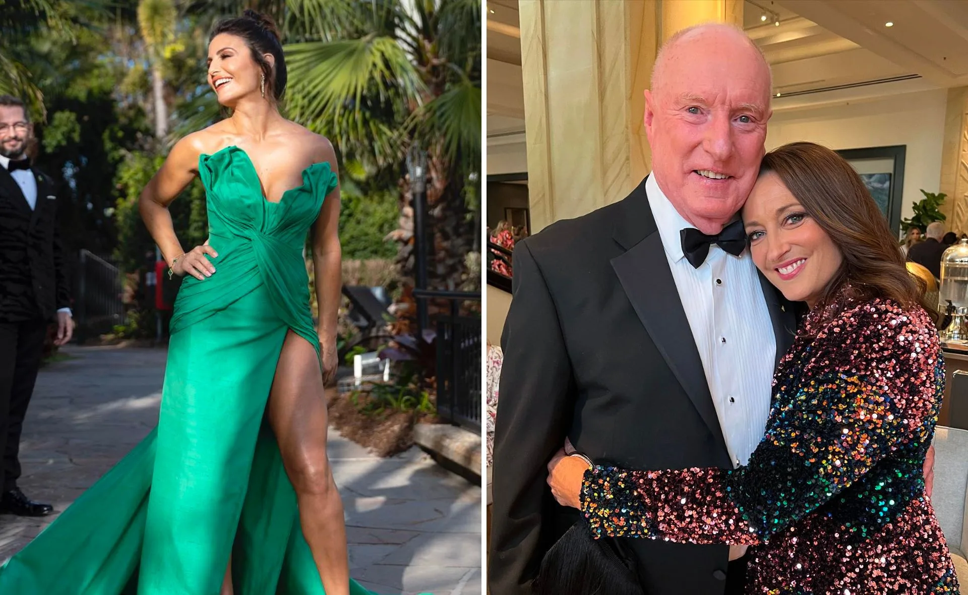 Two celebrities pose on the red carpet; one in a green dress, the other in a suit with a sparkly outfit.