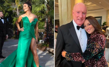 Two celebrities pose on the red carpet; one in a green dress, the other in a suit with a sparkly outfit.