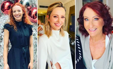 Three women posing at an event, each with unique hairstyles and attire.