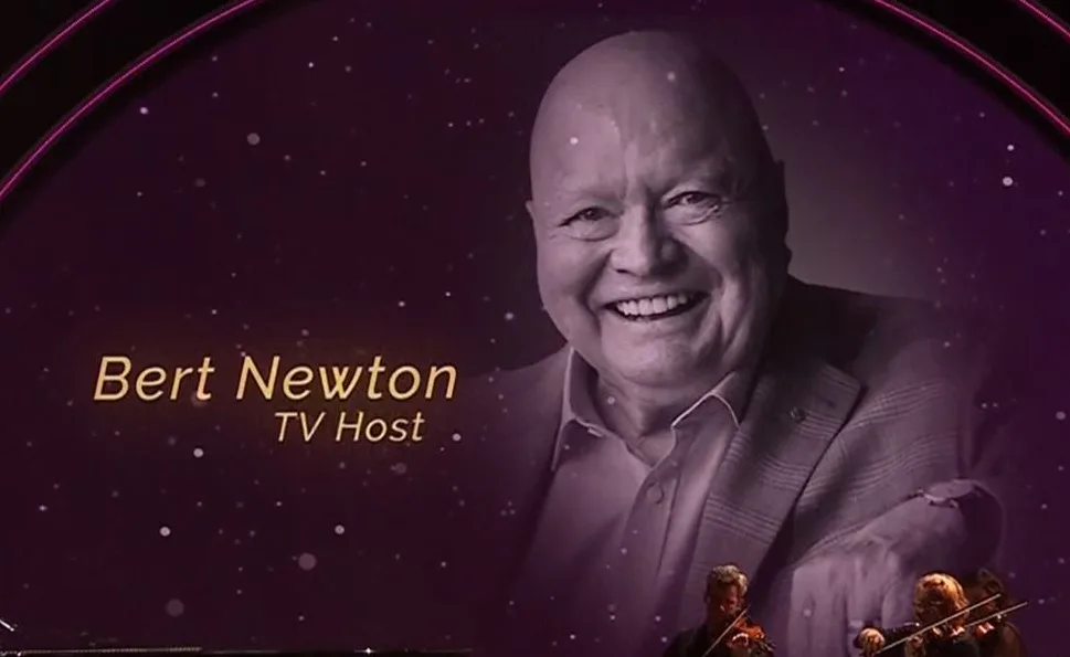 "Image of Bert Newton, smiling, with text 'TV Host' displayed in a memorial tribute."