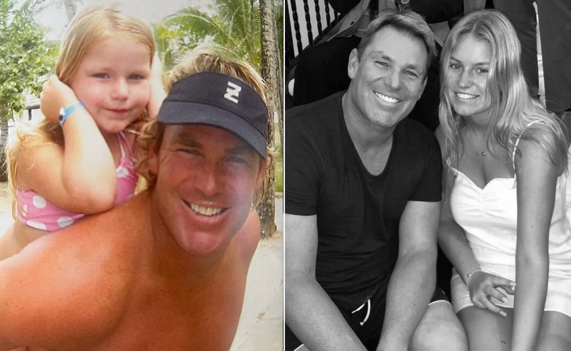 "Two photos: a man with a young girl on his back at the beach, and with a young woman sitting next to him smiling."