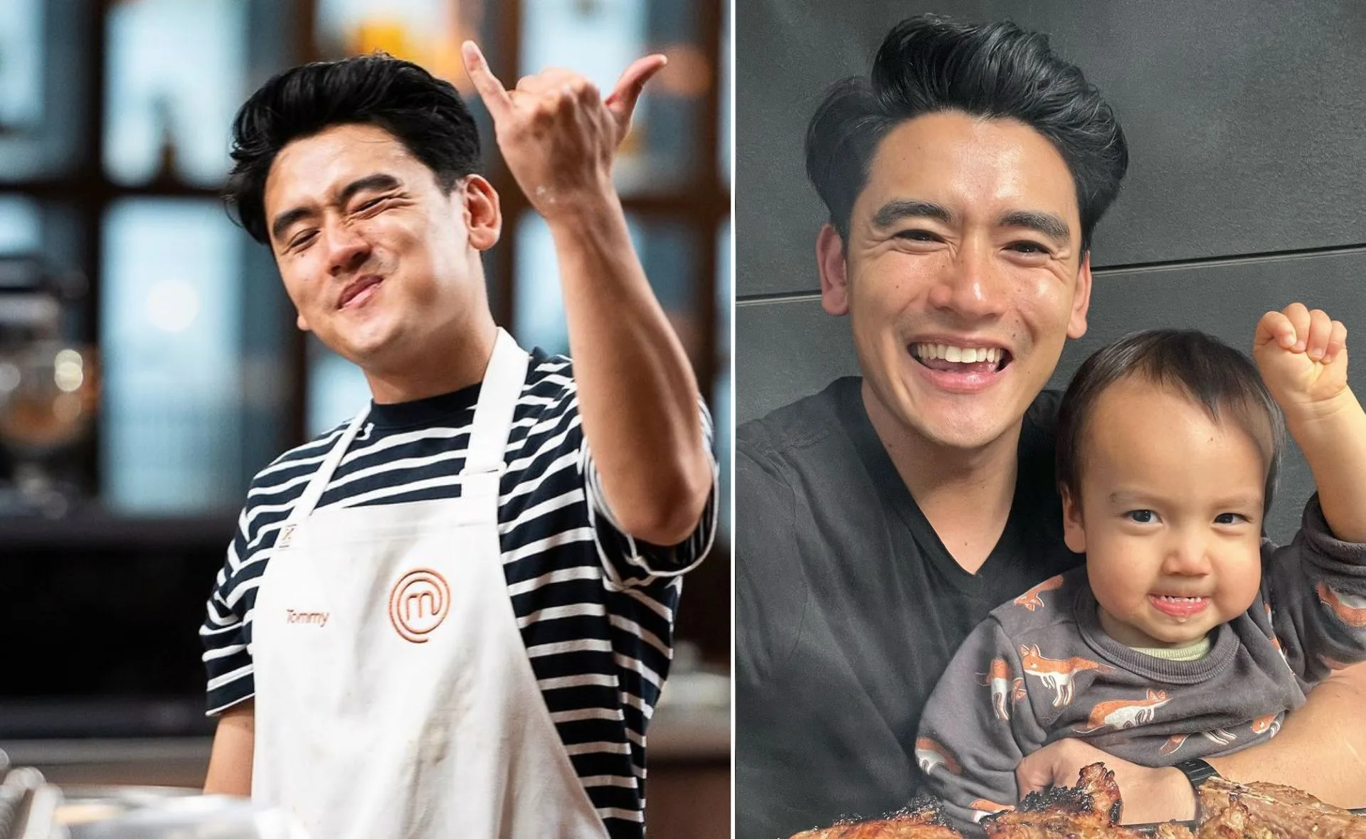 Chef in an apron making a sign and smiling, next to a man with a child also smiling.