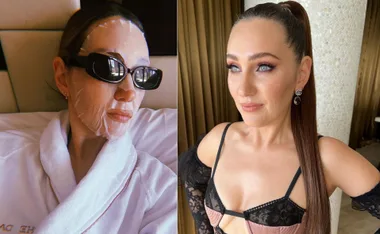 A woman with a face mask and sunglasses, next to an image of her in glamorous makeup and outfit with long hair.