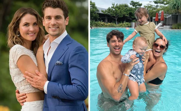 Couple embracing outdoors; family smiling in a pool with two children.