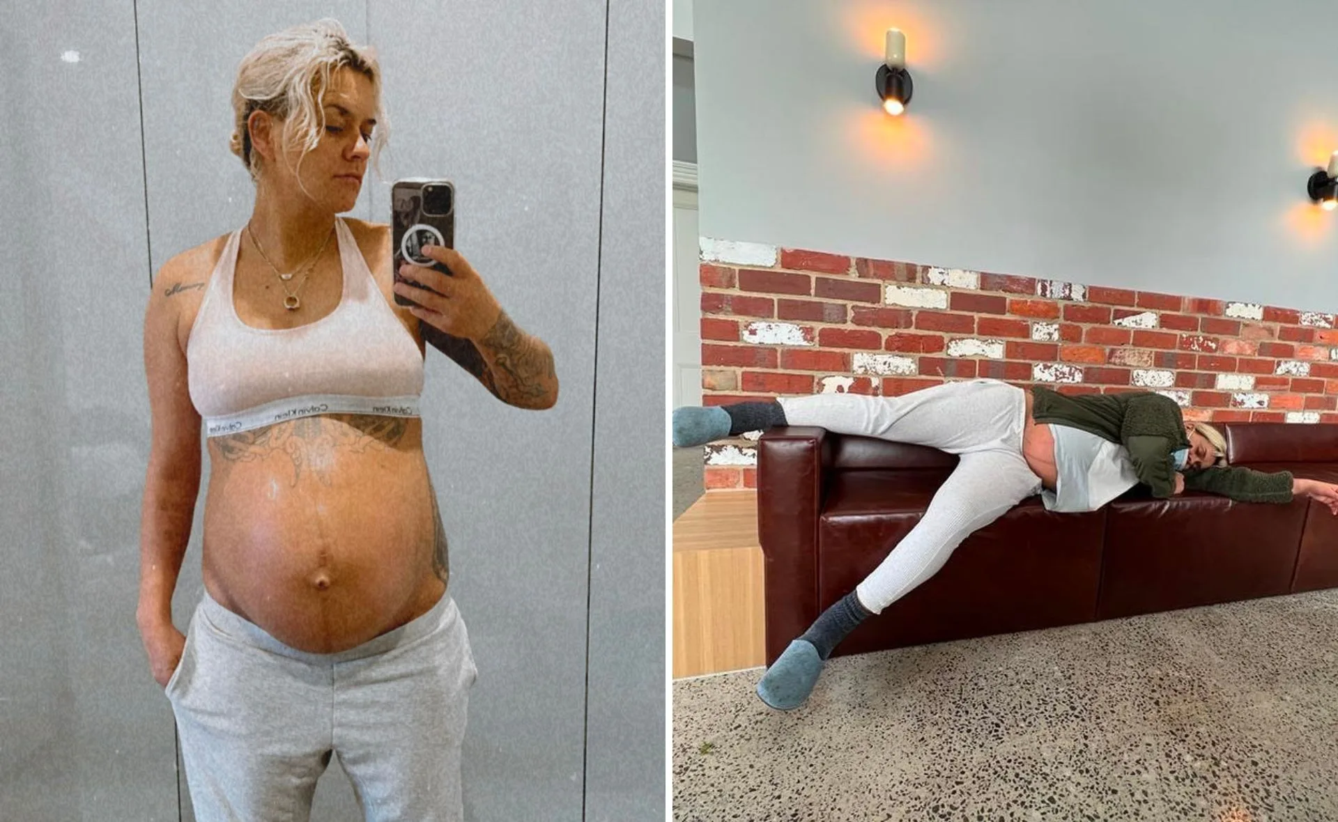 Pregnant Moana Hope in mirror selfie, wearing a sports bra and sweatpants, and reclining on a couch, showing baby bump.