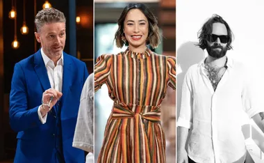 "Three people: one in blue suit, one in striped dress, one in white shirt with sunglasses and beard."