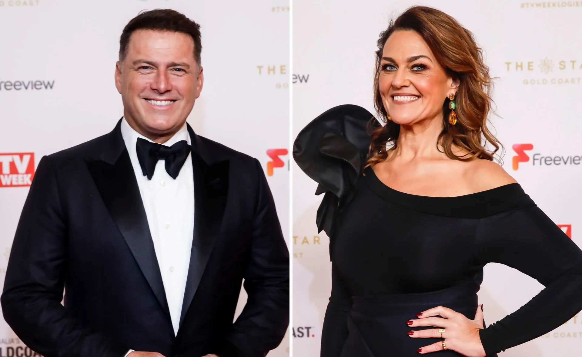 Karl Stefanovic and Chrissie Swan smiling at a TV event, both dressed in elegant evening attire.