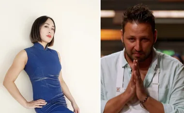 MasterChef's Melissa Leong in a blue dress and Aldo Ortado in a kitchen setting, hands clasped in anticipation.