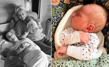 A happy family in hospital holding a newborn, and a close-up of the newborn sleeping on a patterned blanket.