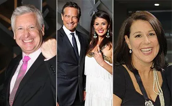 Three separate photos: man in suit cheering, couple posing stylishly, woman smiling with necklace.