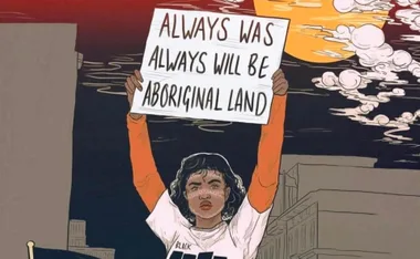 Illustration of a person holding a sign that reads "Always Was Always Will Be Aboriginal Land" under an evening sky.