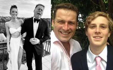 Two images: left shows a woman in a dress with a man making a funny face; right shows two men smiling at the camera.