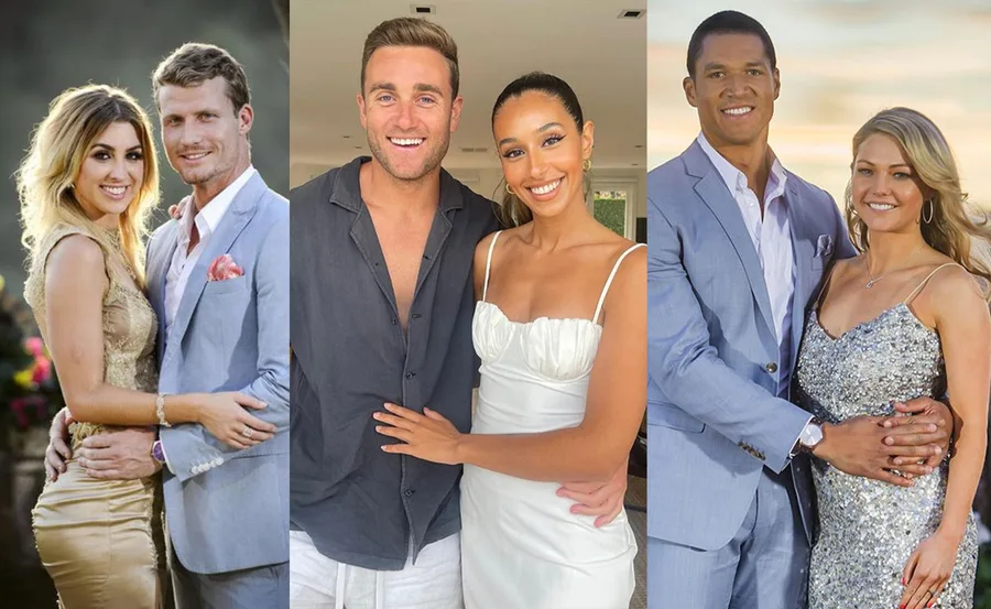 Couples from reality TV shows posing together; three different pairs smiling.