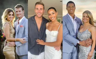 Couples from reality TV shows posing together; three different pairs smiling.