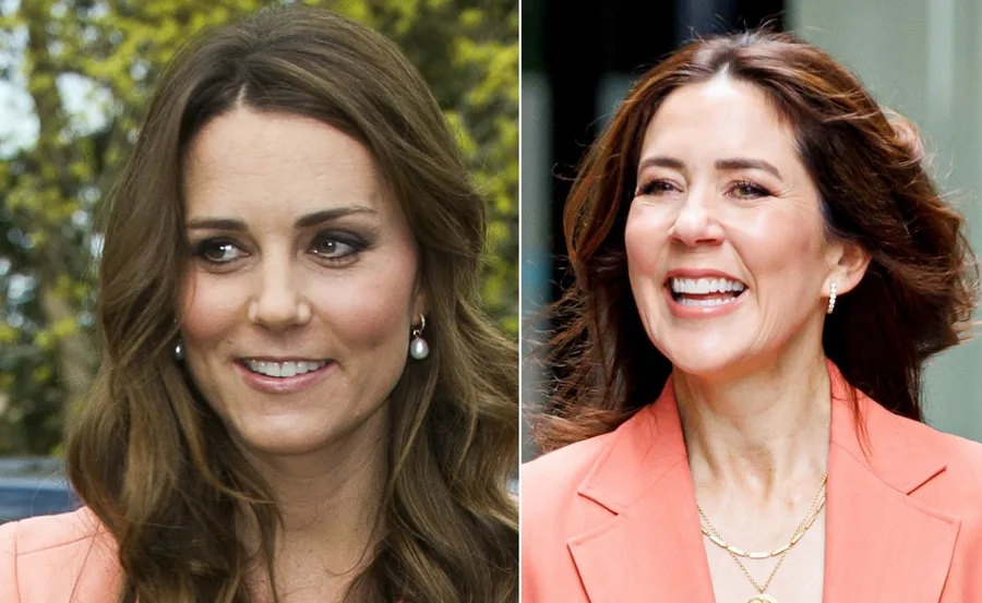 Two women with long dark hair, smiling, wearing orange outfits and pearl earrings.