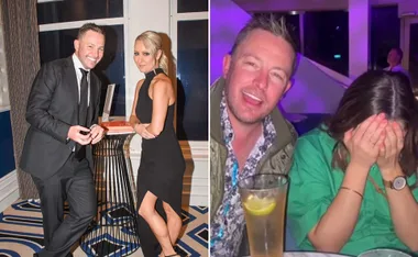 Man in suit with blonde woman posing; man in patterned shirt with woman covering face at a bar.