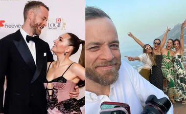 Man in a tuxedo gazing at a woman in an elegant dress; group selfie with a scenic background, people celebrating.