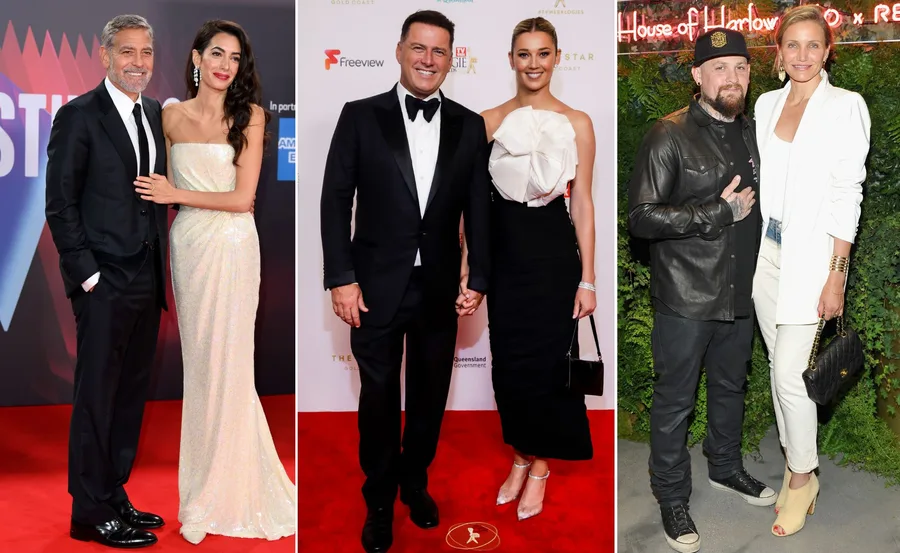 Couples posing together at a red carpet event, wearing formal attire.