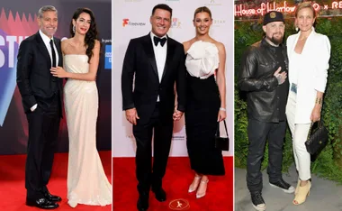 Couples posing together at a red carpet event, wearing formal attire.