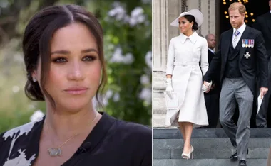 Portrait of Meghan Markle and Prince Harry; Meghan in an interview scene left, both attending an event on the right.