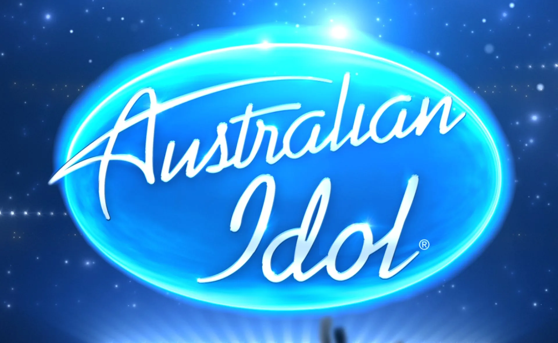 Australian Idol logo in blue and white with a glowing effect, set against a starry night sky background.