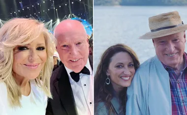 Two images side-by-side: left shows a man in a tuxedo and a woman smiling at an event; right shows them near water, man in a hat.