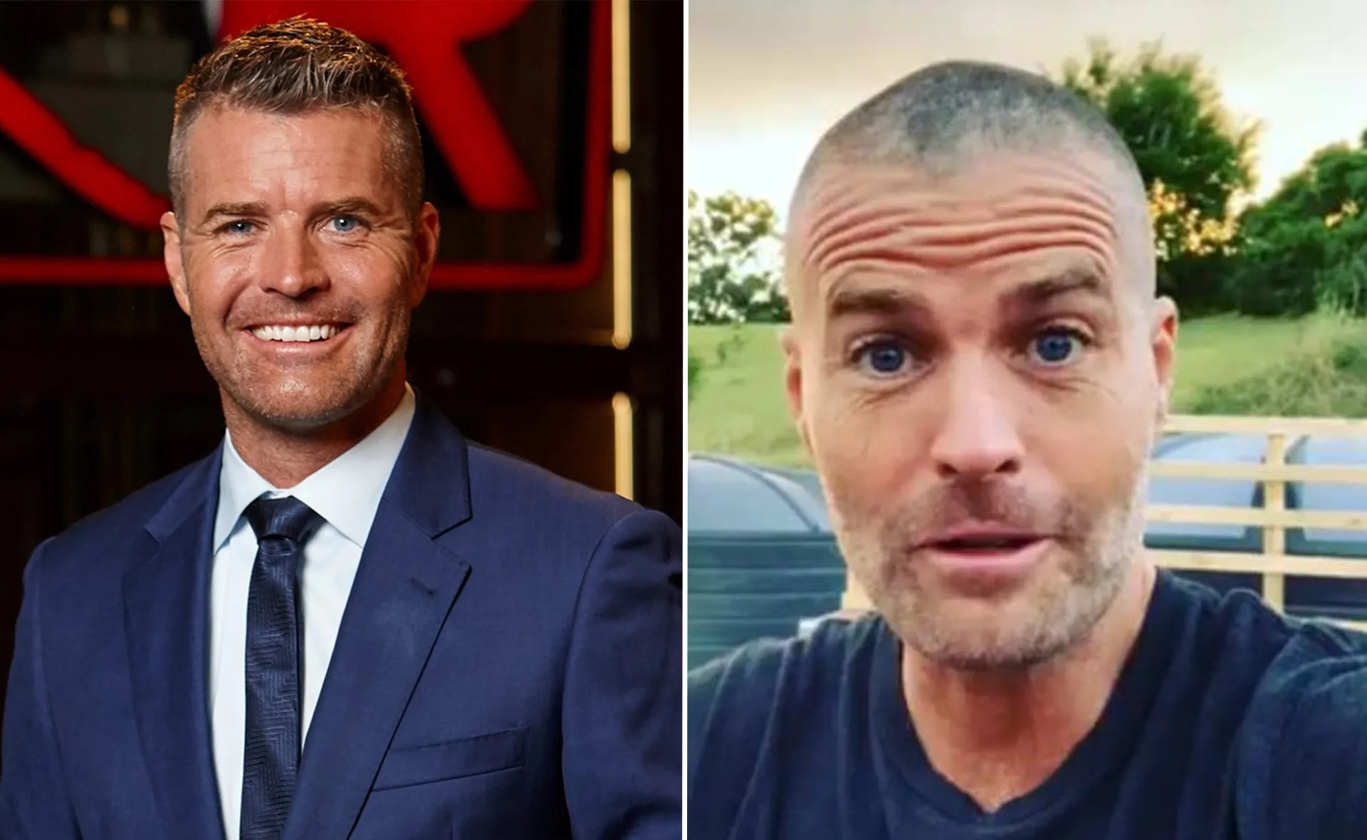 Man in a suit smiling on the left; same man outside with a shaved head and casual shirt on the right.