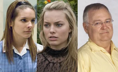 Three characters from the show "Neighbours" are pictured side by side in different scenes.