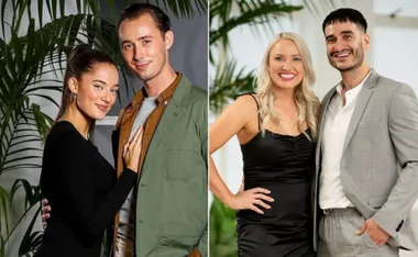 Couples from Beauty and the Geek 2021 posing together, smiling in stylish outfits with greenery background.