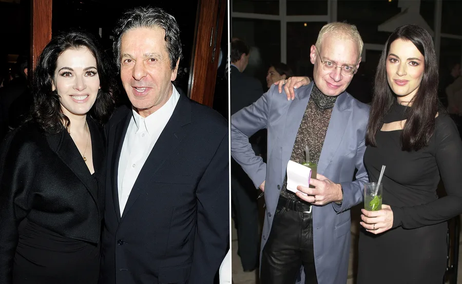 A woman in black with dark hair stands smiling with a man in a suit. In another photo, she's with a man wearing glasses.