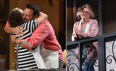 Two images side by side: a joyful hug in kitchen and a smiling woman clapping on a balcony.