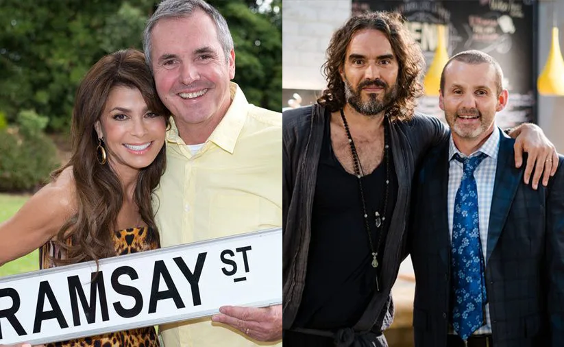 Two side-by-side images: left shows a woman and man with a "Ramsay St" sign; right shows two men arm in arm.