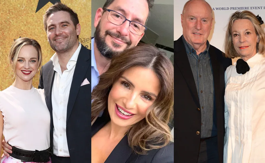 Three couples smiling, in various settings. Formal and casual attire.