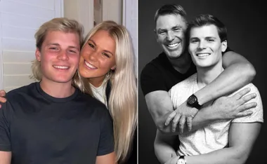 Young man and woman smiling; black-and-white photo of man embracing young man, both smiling.