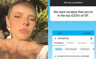 A woman poses outdoors; next to a phone screen showing OnlyFans statistics, claiming top 0.02% creator status.